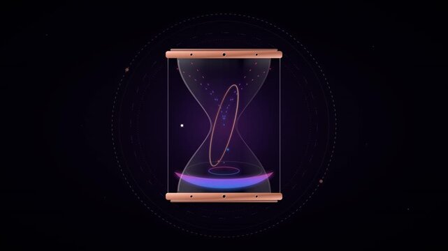 Elegant glassmorphism quantum hourglass animation featuring flowing neon light particles, rippling energy waves, and luxury rose gold frames.