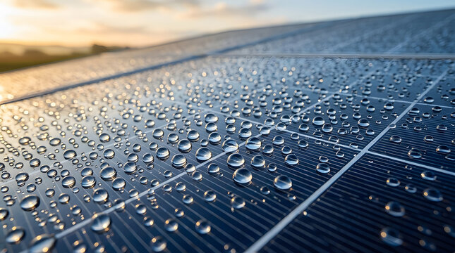 solar panel surface with water droplets close up view with golden hour light