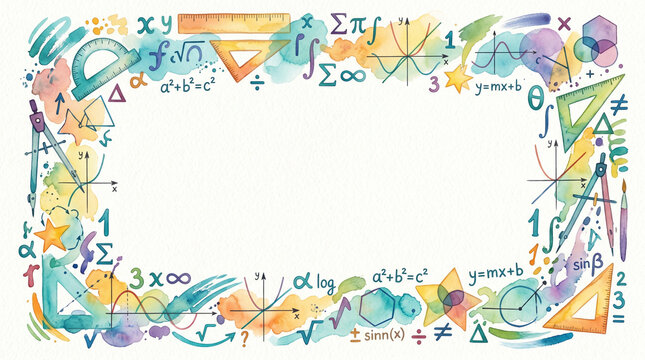 Watercolor Mathematics Border with Science Formulas and Geometric Tools for Education Background