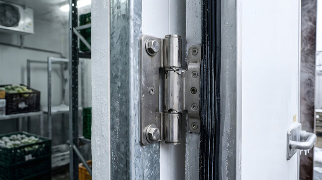 metal door hinges on a commercial refrigerator close up view