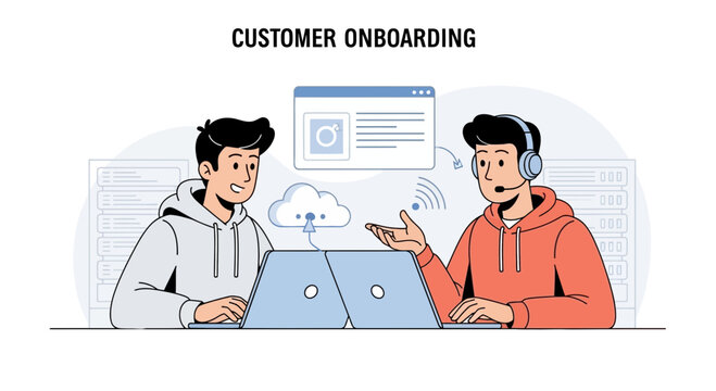 Customer onboarding illustration with people, laptops and cloud services