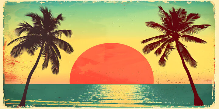 Silhouetted palm trees flank a vivid sunset over the ocean.