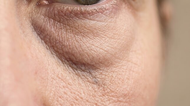 Deep dark circles and hyperpigmentation under mature human eye