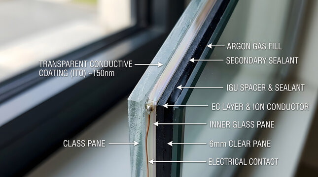 Cross section of insulated glass unit showing layers and components detailed photograph