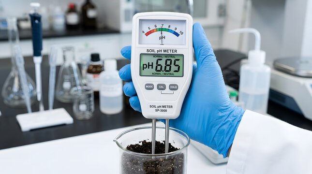 soil ph meter in use handheld device measuring acidity of dirt in laboratory setting