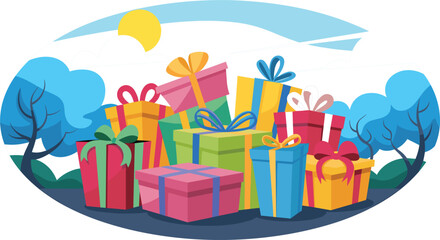 Fototapeta premium Colorful Stacked Gift Box Collection in Outdoor Park Setting with Blue Trees and Sun for Birthday Celebrations, Holiday Surprises, and Festive Marketing Promotion Banner Designs.