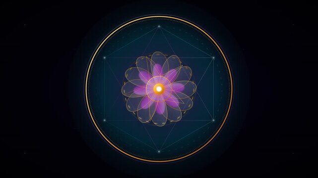 Premium glassmorphism sacred zen mandala animation featuring rotating golden lotus petals, glowing amethyst crystals, and expanding neon aura ripples.