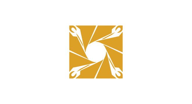 Abstract orange camera shutter logo with jumping human figures.