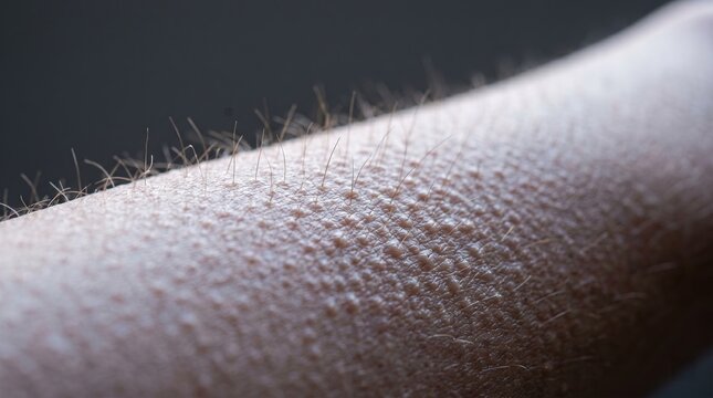Macro view of goosebumps and erect body hair on human arm skin