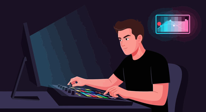 Colorist Adjusting Settings on Control Surface In Dark Studio