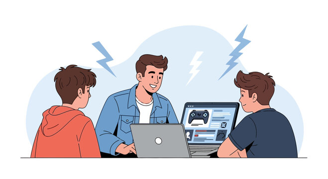 Collaborative project: teens learn coding from mentor using laptops