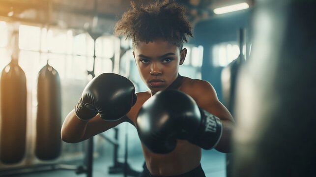 Young boxer shadowboxing with gloves on captured mid punch with focus on the gloves while training bags mirrors and gym equipment form a busy background