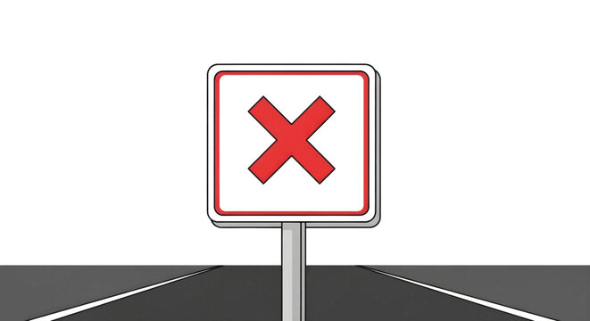 A red X symbol on a white square sign with a red border, placed on a pole in the middle of a road, indicating prohibition or a dead end.