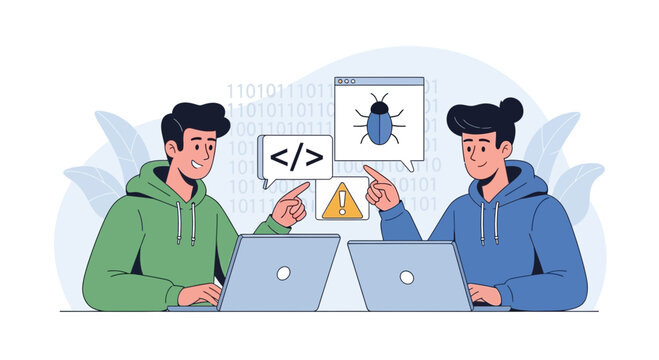 Coders Debugging Software with Laptops and Bug Icon Illustration