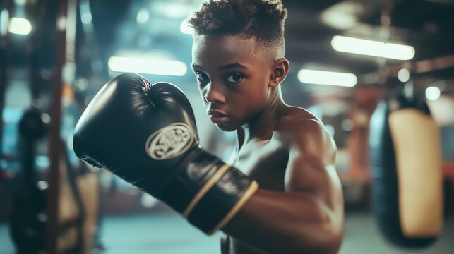 Young boxer shadowboxing with gloves on captured mid punch with focus on the gloves while training bags mirrors and gym equipment form a busy background