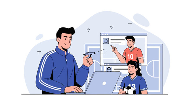 Coach planning soccer strategy online with laptop and video call