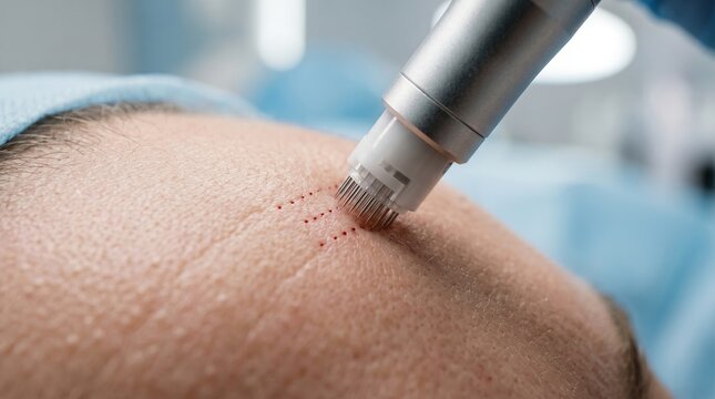 Automated micro needling dermapen device treating facial skin close up
