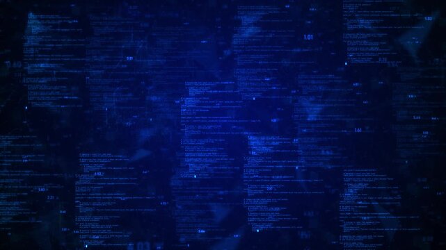 Blue Geometric Plexus Cybersecurity Network with Programming Code, Data Streams and Floating Numbers &ndash; Futuristic Technology Loop Background