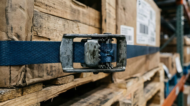 metal strapping buckle securing blue polypropylene strap on wooden crates