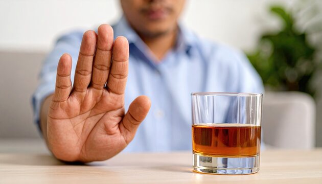 Man shows refusal to alcohol, sobriety choice. A man raises a stop hand to a glass at home, showing abstinence resisting temptation choosing health amid addiction 