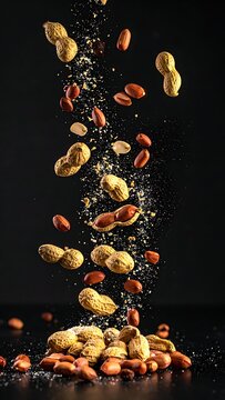 A pile of peanuts and peanut dust against a dark background