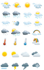Fototapeta premium A comprehensive collection of weather forecast icons depicting various atmospheric conditions and temperatures.