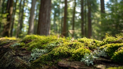 A serene forest landscape with moss-covered trees and a carpet of greenery under a sunny sky