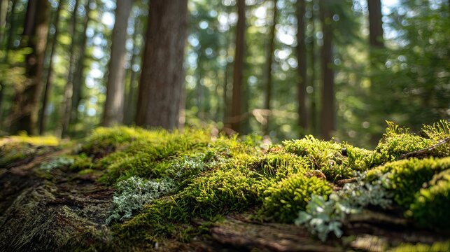 A serene forest landscape with moss-covered trees and a carpet of greenery under a sunny sky