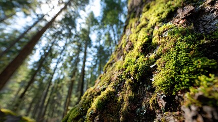 Fototapeta premium A close-up view of moss growing on a tree trunk in a dense forest with tall trees and a bright sky