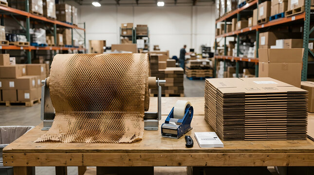 bubble wrap roll and cardboard boxes on a wooden table in a warehouse