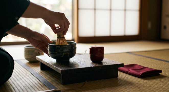 A hyperrealistic illustration of an authentic Japanese matcha tea ceremony, featuring a handcrafted raku chawan bowl, bamboo chasen whisk, and lacquer tea caddy arranged on a tatami floor in soft morn