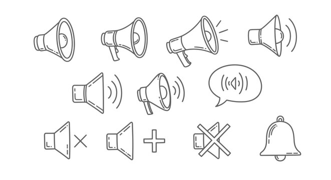 A collection of hand-drawn line art icons representing sound, volume control, and alerts, including megaphones, speakers, and a bell.