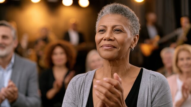 African American woman with short gray hair claps and smiles while enjoying a live jazz performance in a dimly lit venue with musicians in the background