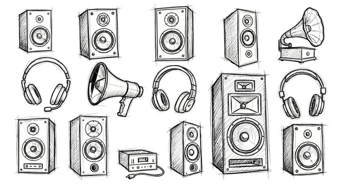 A collection of hand-drawn sketches of various audio equipment, including speakers, headphones, and a vintage gramophone.
