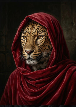 Portrait of a leopard wearing a red hooded cloak, fierce fantasy concept