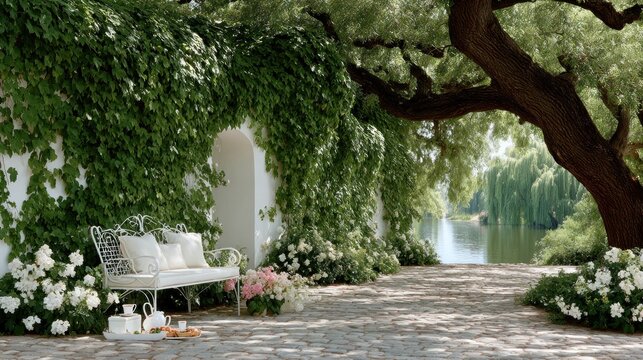Idyllic outdoor scene white bench with pillows, climbing plants, arched wall, lake