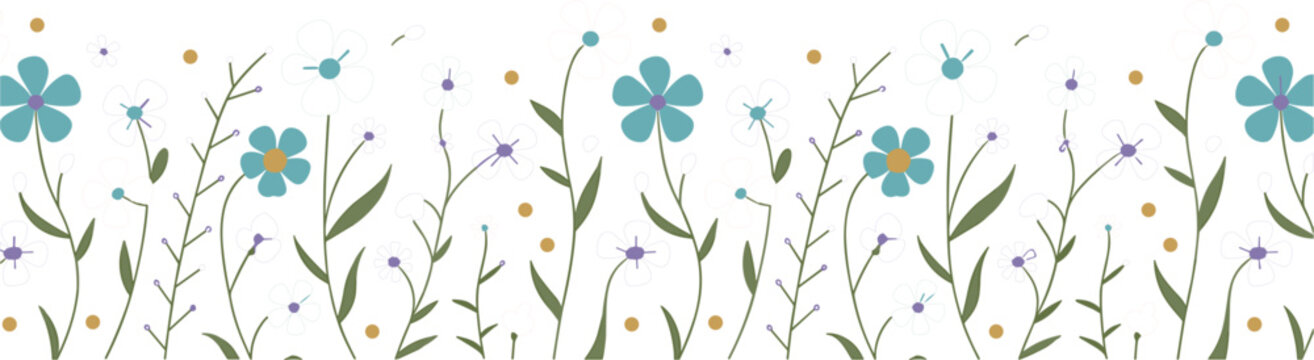 Cute Blue Wildflower Meadow Border Vector with Minimalist Botanical Stems and Tiny Dots for Spring Greeting Cards, Nursery Wallpaper, and Children Folk Floral Pattern Layout Designs