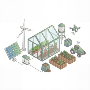 Sustainable agriculture illustration depicting a greenhouse, solar panels, wind turbine, and smart farming technology for eco-friendly food production