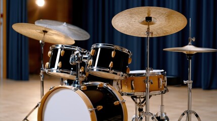 Obraz premium Drum set with black and wood finish, featuring cymbals and snare, positioned in a performance space with blue curtains and wooden floor