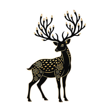 Silhouette of a Noble Chital Axis Deer with Large Antlers Isolated on White Background. Factual Vector Graphic Illustration of a Wild Spotted Deer for Nature and Hunting Design.