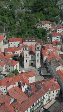 Aerial view of the main attraction of the old town of Kotor - the Cathedral of St. Tryphon