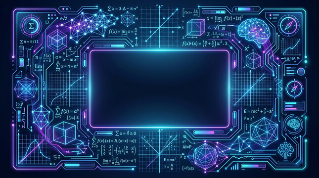 Futuristic Neon Math and Science Digital Background Border with Glowing Geometric Equations