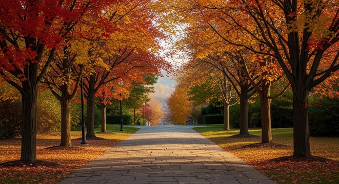 Autumn trees line the road pathway.