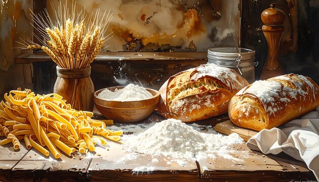 A rustic still life with bread and wheat on a wooden table