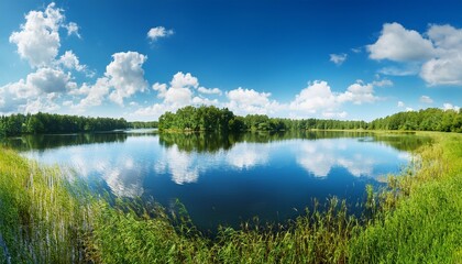Fototapeta premium Lake Panorama With Blue Sky And Clouds Peaceful Summer Landscape Nature Background Calm Water Reflection