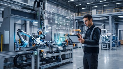 Fototapeta premium An engineer supervises robotic machinery in a modern manufacturing facility.
