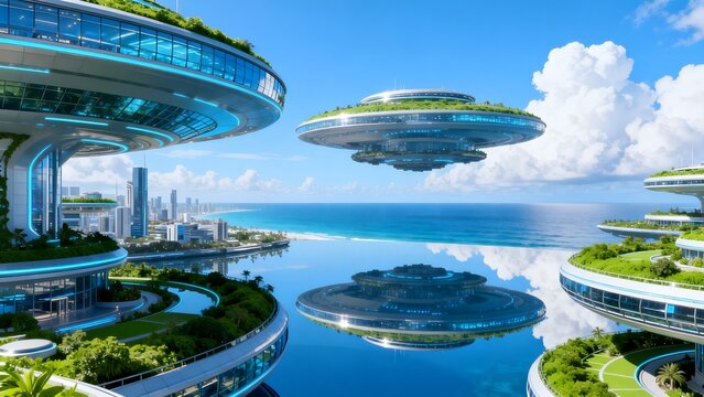 Futuristic floating cityscape with green architecture