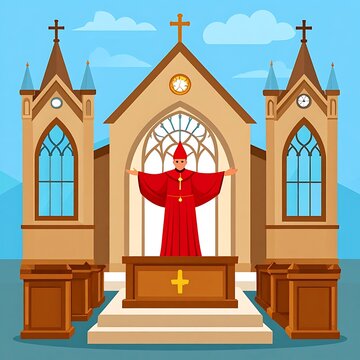 A colorful illustration of a bishop standing in a church