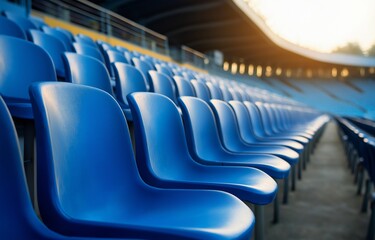 Obraz premium stadium row of empty blue plastic seats for a football cup or soccer match.Background of sports arena seats used by supporters and spectators during a game