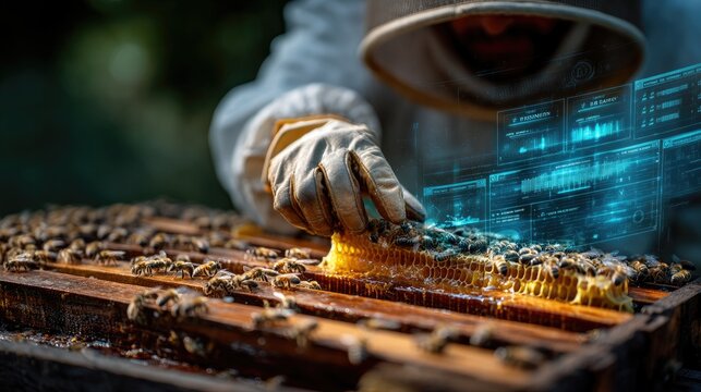 Beekeeper checking a hive, holographic honey production data and colony health status overlay, smart apiculture concept 